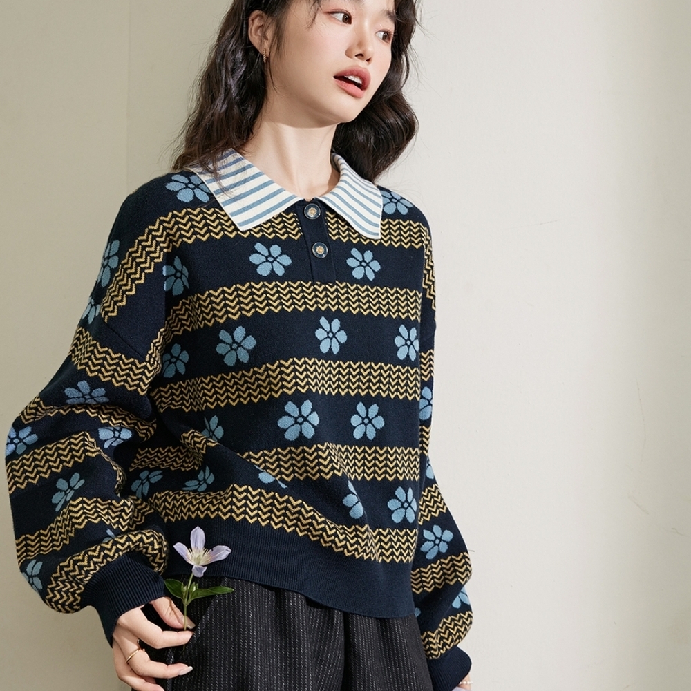 Floral Patterned Sweater with Striped Collar
